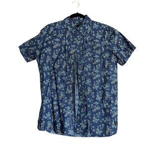 Lost Mens Blue Floral Cotton Short Sleeve Pocket Button Up Shirt Medium